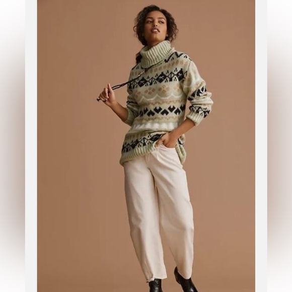 Anthropologie fair isle tunic pullover sweater in mint green Christmas trees - Picture 2 of 16